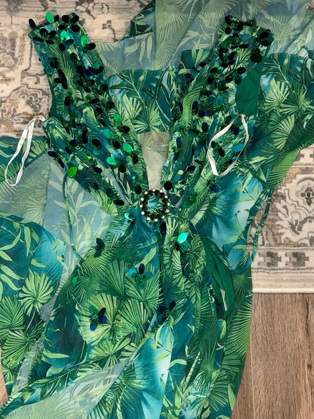 Bella Barnett Green Tropical Sequin-Embellished Maxi Dress